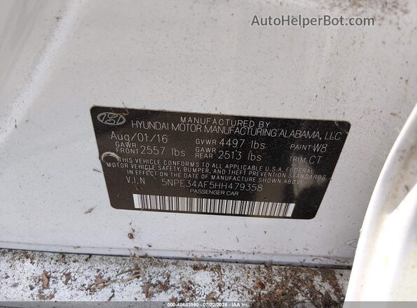 5NPE34AF5HH479358 2017 HYUNDAI SONATA White ძრავის განყოფილების ხედი