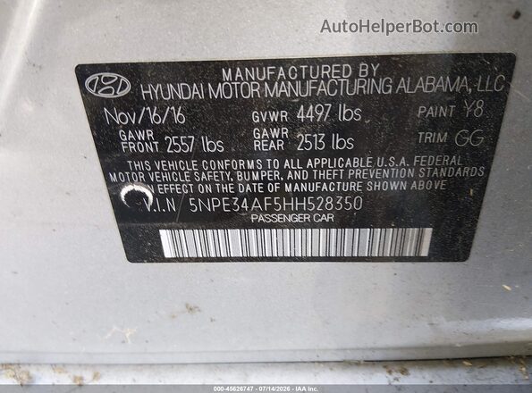 5NPE34AF5HH528350 2017 HYUNDAI SONATA Silver Vista del compartimento del motor