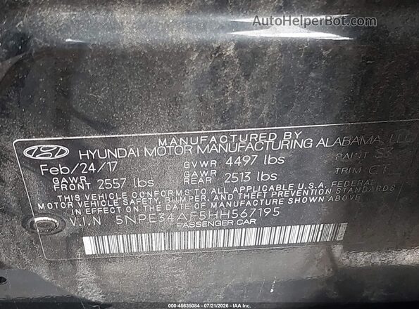 5NPE34AF5HH567195 2017 HYUNDAI SONATA Black Engine compartment view