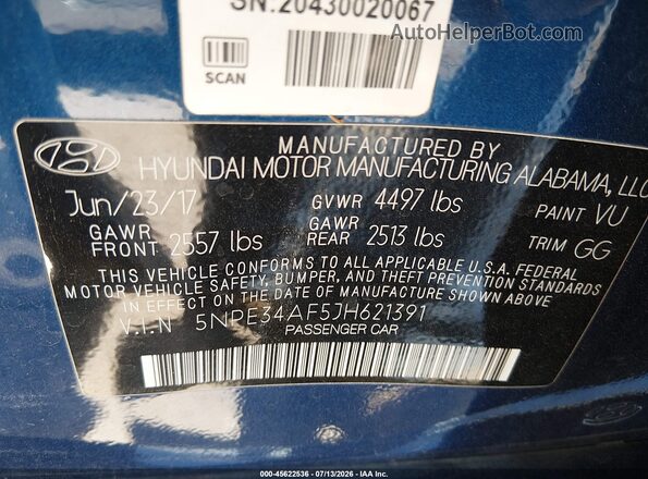 5NPE34AF5JH621391 2018 HYUNDAI SONATA Blue Շարժիչի բաժամունքի տեսք