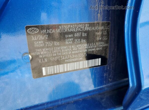 5NPE34AF5JH630575 2018 HYUNDAI SONATA Blue VIN კოდის სტიკერის ხედი