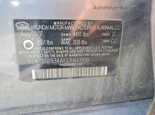 5NPE34AF5JH633900 2018 HYUNDAI SONATA Gray Вид підкапотного простору