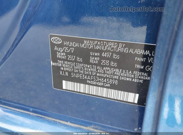 5NPE34AF5JH645898 2018 HYUNDAI SONATA Blue Vista del compartimento del motor