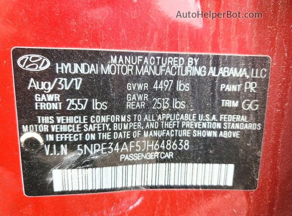 5NPE34AF5JH648638 2018 HYUNDAI SONATA Red Vista del compartimento del motor