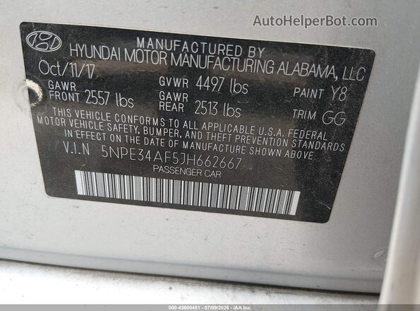 5NPE34AF5JH662667 2018 HYUNDAI SONATA Silver Widok komory silnika