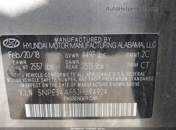 5NPE34AF5JH694924 2018 HYUNDAI SONATA Gray ძრავის განყოფილების ხედი