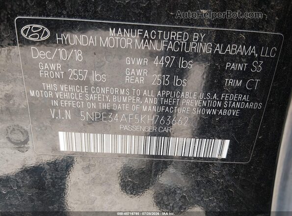 5NPE34AF5KH763662 2019 HYUNDAI SONATA Black Շարժիչի բաժամունքի տեսք