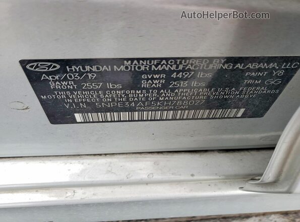 5NPE34AF5KH788027 2019 HYUNDAI SONATA Silver Widok komory silnika