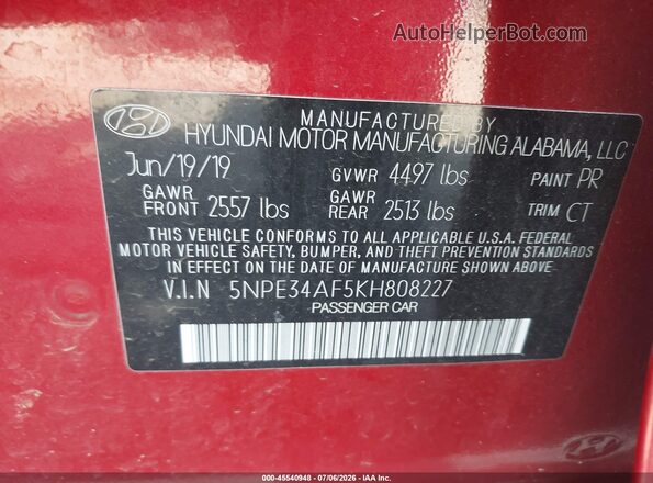 5NPE34AF5KH808227 2019 HYUNDAI SONATA Red Вид підкапотного простору