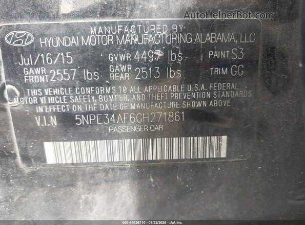 5NPE34AF6GH271861 2016 HYUNDAI SONATA Black ძრავის განყოფილების ხედი