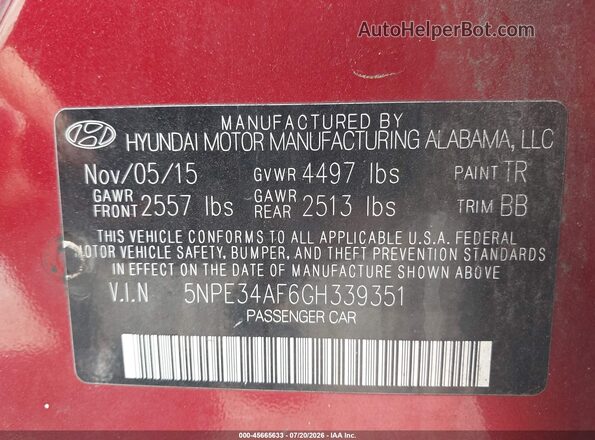 5NPE34AF6GH339351 2016 HYUNDAI SONATA Red Engine compartment view