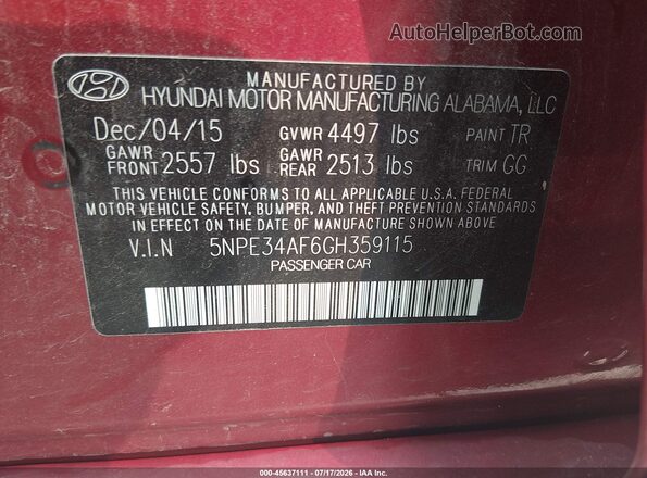 5NPE34AF6GH359115 2016 HYUNDAI SONATA Red Vista del compartimento del motor