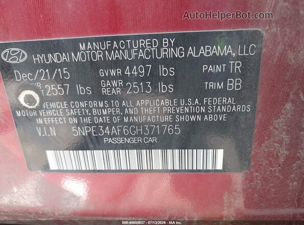 5NPE34AF6GH371765 2016 HYUNDAI SONATA Red Vista del compartimento del motor