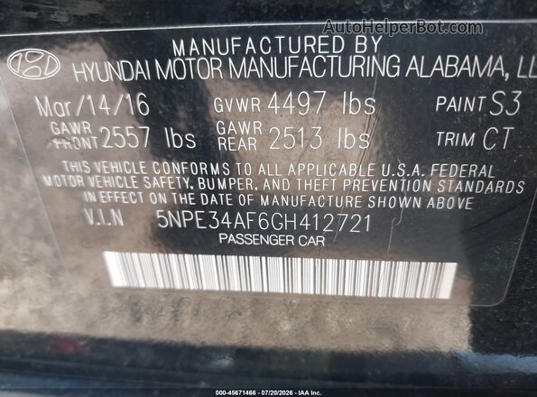 5NPE34AF6GH412721 2016 HYUNDAI SONATA Black Engine compartment view