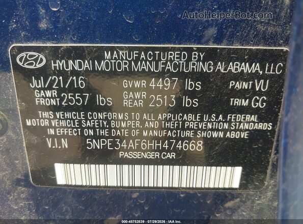 5NPE34AF6HH474668 2017 HYUNDAI SONATA Blue Вид підкапотного простору