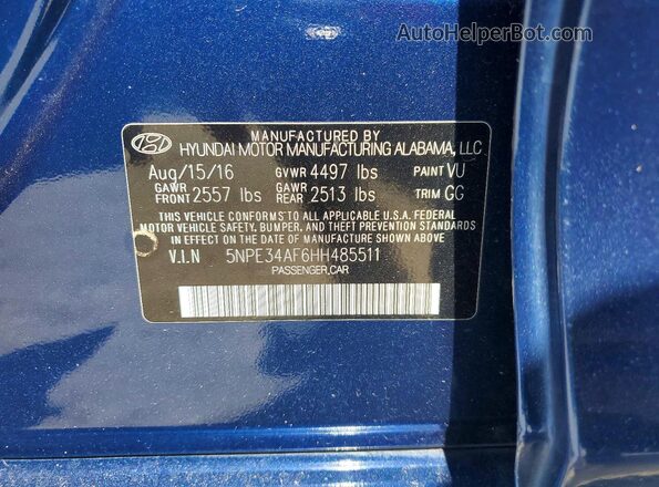 5NPE34AF6HH485511 2017 HYUNDAI SONATA Blue Շարժիչի բաժամունքի տեսք