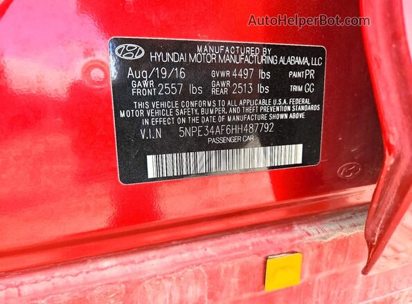 5NPE34AF6HH487792 2017 HYUNDAI SONATA Red Engine compartment view