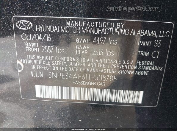 5NPE34AF6HH508785 2017 HYUNDAI SONATA Black Widok komory silnika