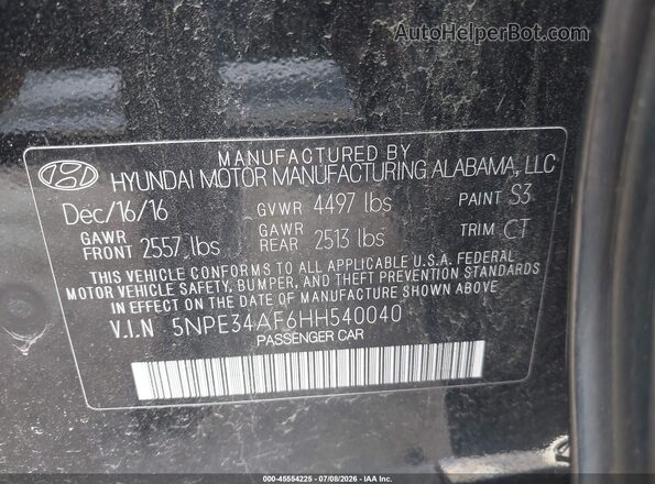 5NPE34AF6HH540040 2017 HYUNDAI SONATA Black Widok komory silnika