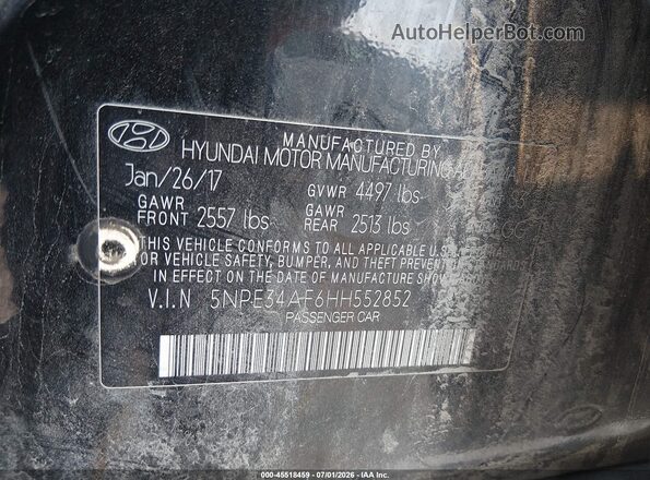 5NPE34AF6HH552852 2017 HYUNDAI SONATA Black Widok komory silnika