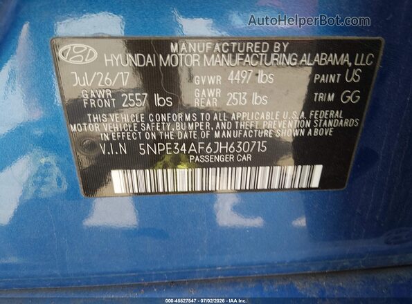 5NPE34AF6JH630715 2018 HYUNDAI SONATA Синий Вид подкапотного пространства
