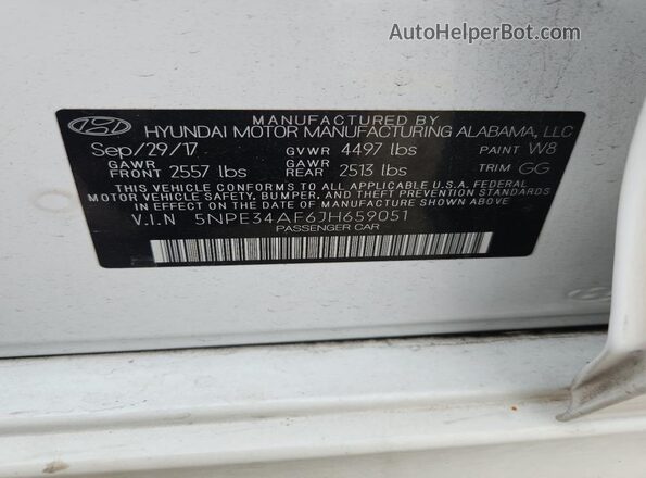 5NPE34AF6JH659051 2018 HYUNDAI SONATA White VIN կոդի պիտակի տեսք
