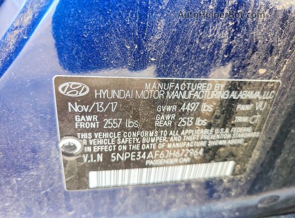 5NPE34AF6JH672964 2018 HYUNDAI SONATA Blue Widok komory silnika