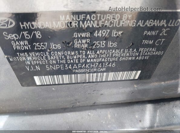 5NPE34AF6KH741346 2019 HYUNDAI SONATA Gray Vista del compartimento del motor