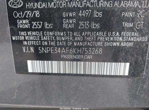 5NPE34AF6KH753268 2019 HYUNDAI SONATA Silver Vista del compartimento del motor