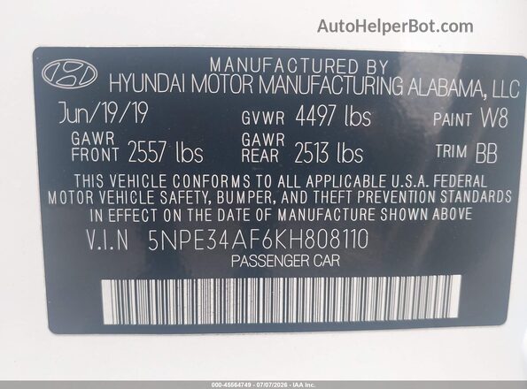 5NPE34AF6KH808110 2019 HYUNDAI SONATA White Engine compartment view