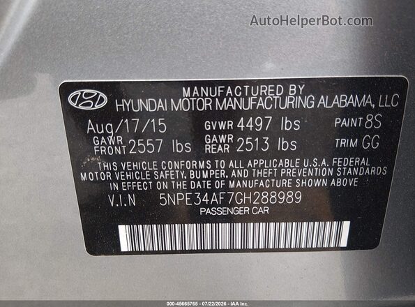 5NPE34AF7GH288989 2016 HYUNDAI SONATA Серебряный Вид подкапотного пространства