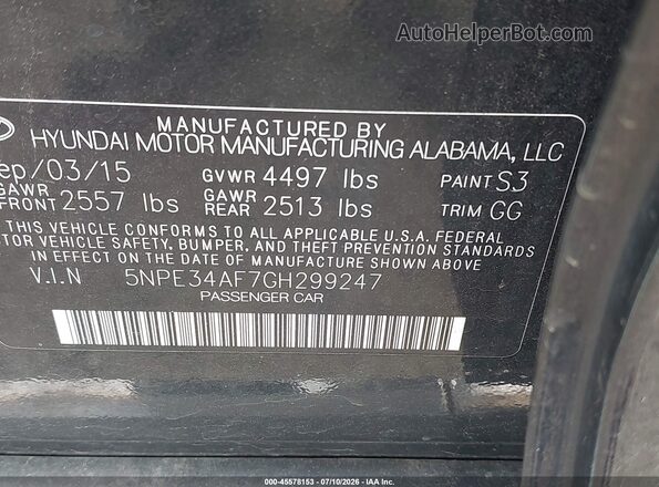 5NPE34AF7GH299247 2016 HYUNDAI SONATA Черный Вид подкапотного пространства