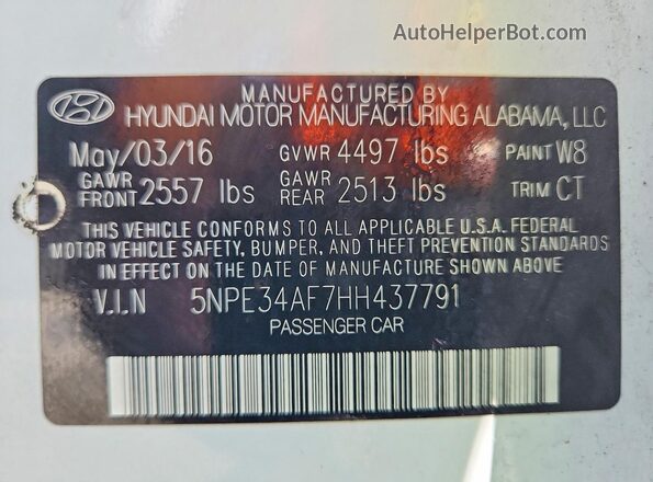 5NPE34AF7HH437791 2017 HYUNDAI SONATA White Вид наклейки з VIN-кодом
