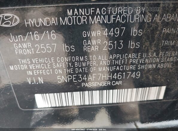 5NPE34AF7HH461749 2017 HYUNDAI SONATA Black Widok komory silnika