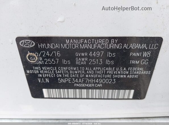 5NPE34AF7HH490023 2017 HYUNDAI SONATA White Vista del compartimento del motor