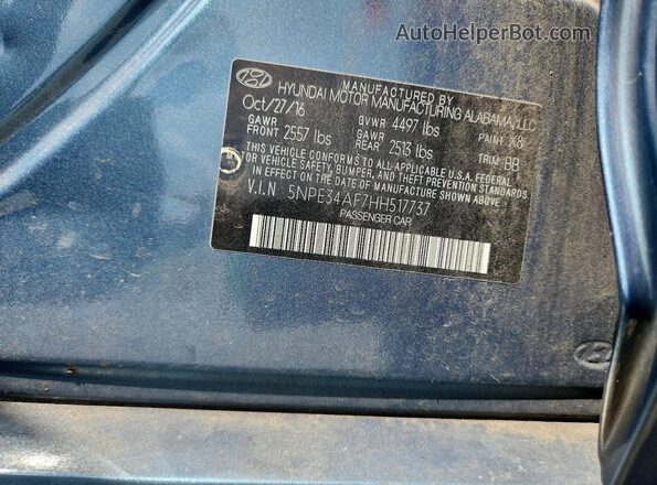5NPE34AF7HH517737 2017 HYUNDAI SONATA Blue Widok naklejki z numerem VIN