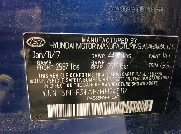 5NPE34AF7HH545117 2017 HYUNDAI SONATA Blue VIN կոդի պիտակի տեսք