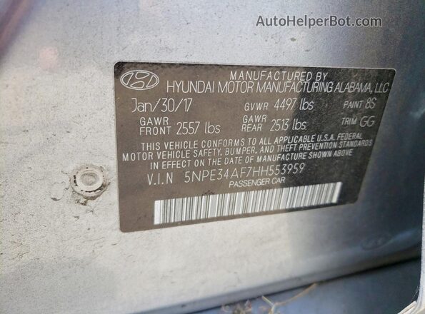 5NPE34AF7HH553959 2017 HYUNDAI SONATA Silver Вид наклейки з VIN-кодом