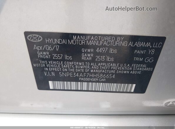 5NPE34AF7HH586654 2017 HYUNDAI SONATA Silver Engine compartment view
