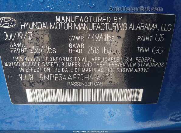 5NPE34AF7JH626835 2018 HYUNDAI SONATA Blue Շարժիչի բաժամունքի տեսք