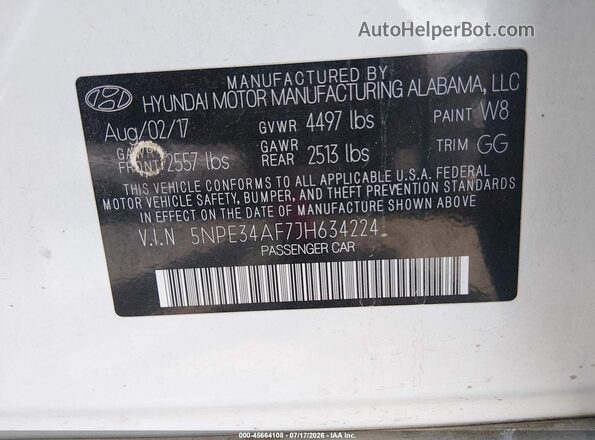 5NPE34AF7JH634224 2018 HYUNDAI SONATA White Widok komory silnika