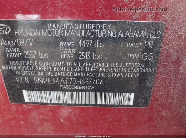 5NPE34AF7JH637706 2018 HYUNDAI SONATA Red Շարժիչի բաժամունքի տեսք