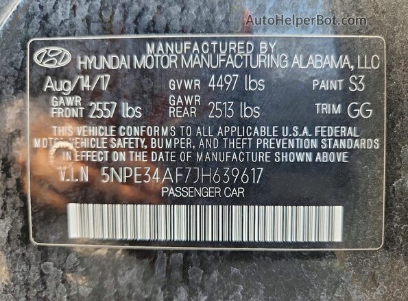 5NPE34AF7JH639617 2018 HYUNDAI SONATA Black VIN sticker view