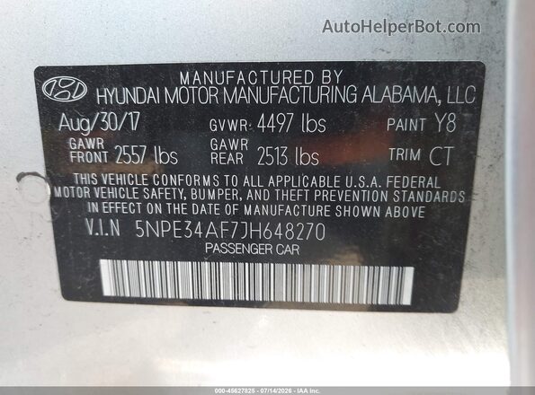 5NPE34AF7JH648270 2018 HYUNDAI SONATA Silver Շարժիչի բաժամունքի տեսք