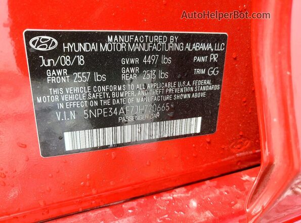 5NPE34AF7JH720665 2018 HYUNDAI SONATA Темно-бордовый Вид наклейки с VIN-кодом