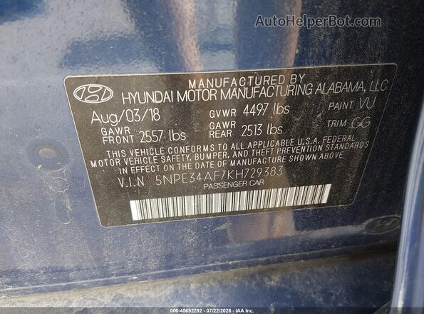 5NPE34AF7KH729383 2019 HYUNDAI SONATA Синий Вид подкапотного пространства