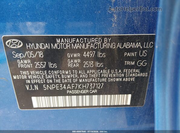 5NPE34AF7KH737127 2019 HYUNDAI SONATA Blue Widok komory silnika