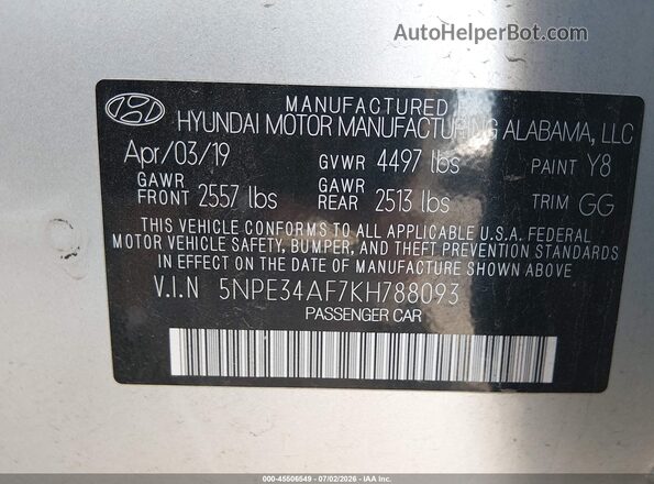 5NPE34AF7KH788093 2019 HYUNDAI SONATA Silver ძრავის განყოფილების ხედი