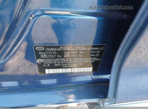 5NPE34AF8GH346365 2016 HYUNDAI SONATA Blue Widok komory silnika