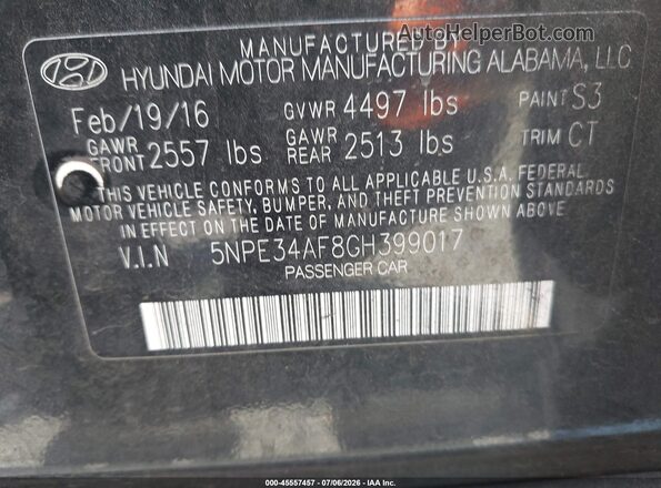 5NPE34AF8GH399017 2016 HYUNDAI SONATA Black Vista del compartimento del motor